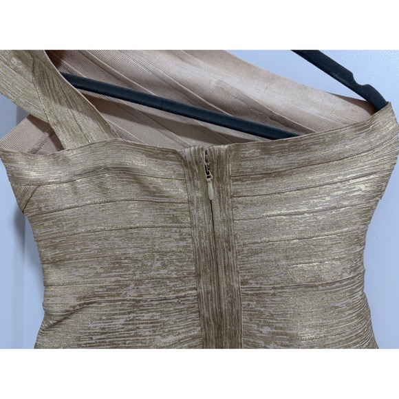 Herve Leger Jospehine Gold Metallic Bandage Dress One Shoulder Party Cocktail L - Picture 13 of 16